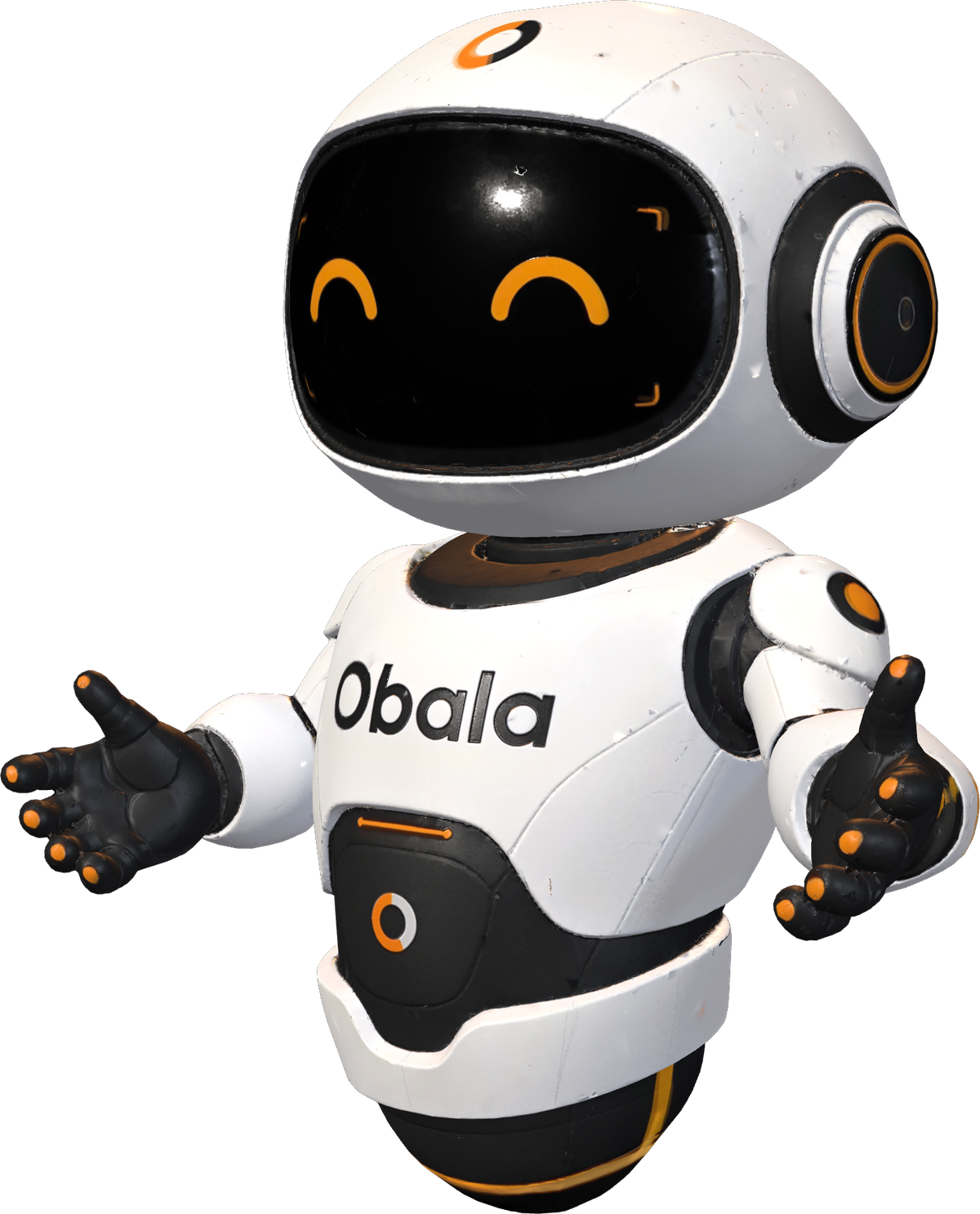 The Obala robot: a white and charcoal humanoid assistant with glowing orange eyes.